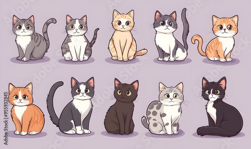 Diverse Cartoon Style Feline Pets in Warm Lilac Background for Chic Decor and Lifestyle Designs