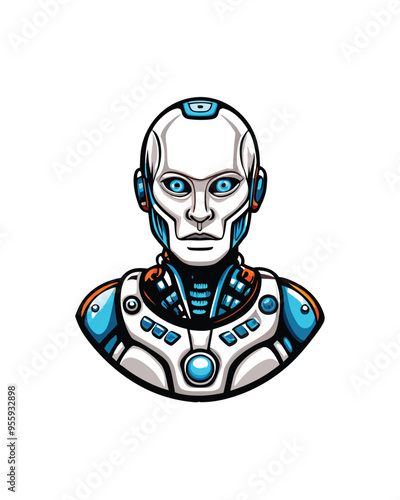 Editable stroke vector of a humanoid AI avatar with blue eyes, white skin, and a futuristic design.