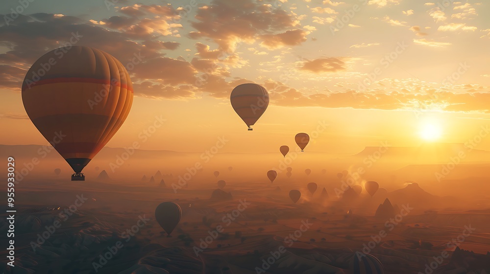 Obraz premium Scenic view of hot air balloons floating in the sky at sunrise, over a breathtaking natural landscape.