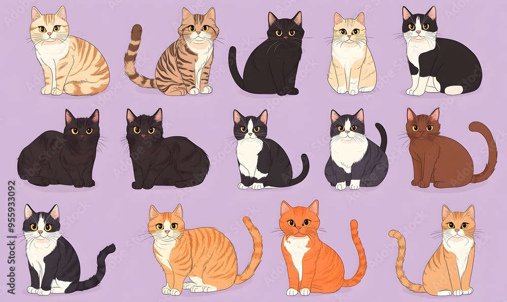 Fototapeta premium Charming Cartoon Cats of Various Breeds on Soothing Lilac Background