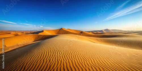 A striking image of a vast desert landscape with sandy dunes and clear blue sky, desert, arid, sand, dunes, hot, dry