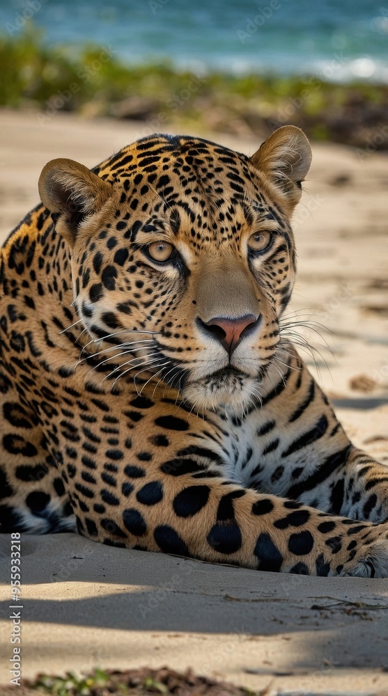 Obraz premium A close-up of a leopard lounging on the sand near a beach.