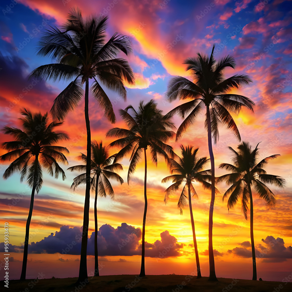 silhouette of palm trees with colorful sky silhouette of palm trees with colorful sky