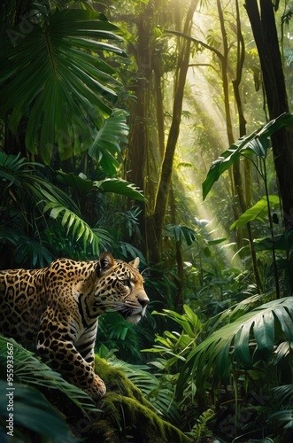 A jaguar prowls through a lush jungle, illuminated by beams of sunlight.