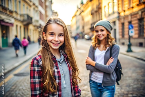 Two teenage girls smiling on city street.