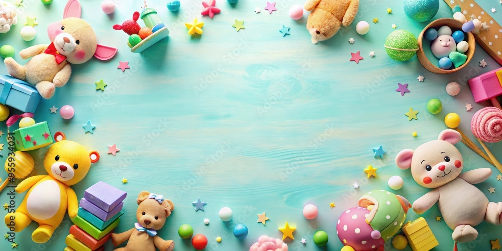 Dreamy background with cute kid toys scattered, reflecting a sense of innocence and playfulness, dreamy, reflect Dreamy background with cute kid toys scattered, reflecting a sense of innocence and playfulness, dreamy, reflect