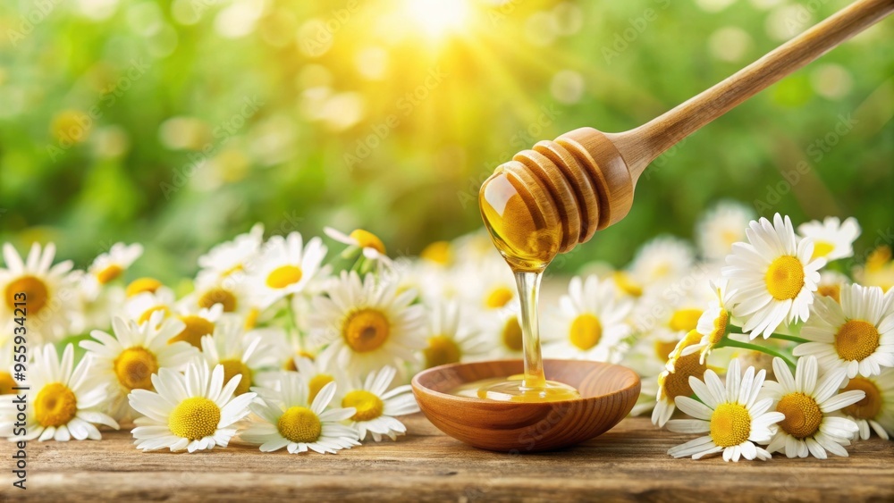 Honey dripping from wooden dipper with daisies background , honey, wooden dipper, daisies, flowers, nature, sweet, sticky, organic Honey dripping from wooden dipper with daisies background , honey, wooden dipper, daisies, flowers, nature, sweet, sticky, organic