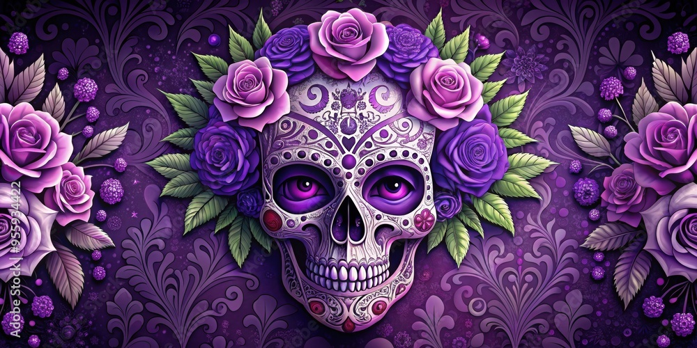 Fototapeta premium Decorative sugar skull adorned with purple roses and intricate floral patterns, Day of the Dead, Mexican tradition