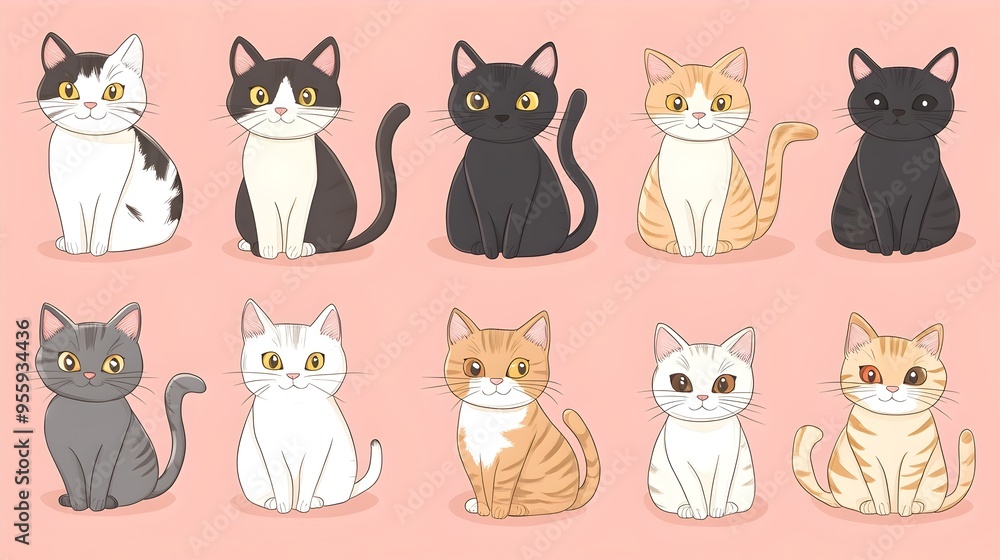 Adorable Cartoon Cats of Various Breeds on Soft Pink Background Adorable Cartoon Cats of Various Breeds on Soft Pink Background