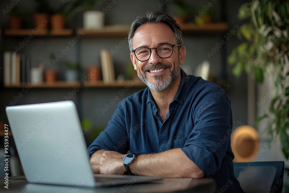 Happy middle aged professional business man, older executive ceo manager, smiling mature entrepreneur wearing glasses and shirt sitting at office desk working on laptop computer. Copy space, ai Happy middle aged professional business man, older executive ceo manager, smiling mature entrepreneur wearing glasses and shirt sitting at office desk working on laptop computer. Copy space, ai