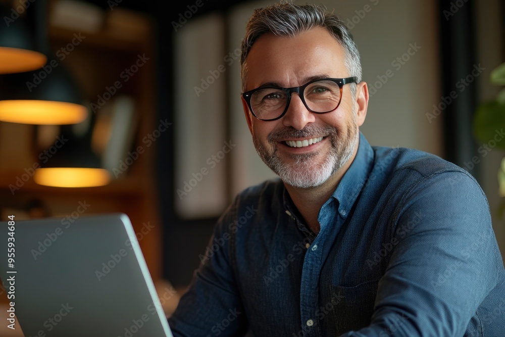 Happy middle aged professional business man, older executive ceo manager, smiling mature entrepreneur wearing glasses and shirt sitting at office desk working on laptop computer. Copy space, ai Happy middle aged professional business man, older executive ceo manager, smiling mature entrepreneur wearing glasses and shirt sitting at office desk working on laptop computer. Copy space, ai