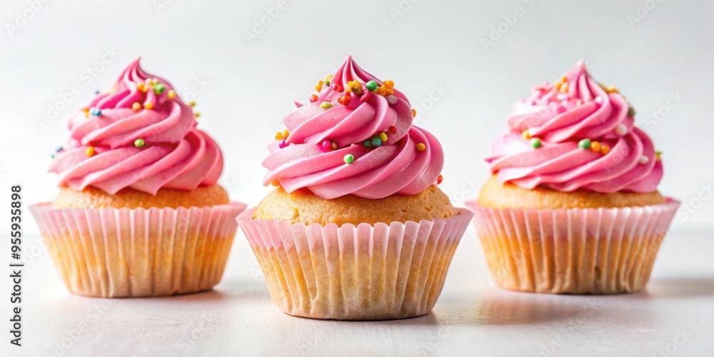 Cupcakes with pink icing and sprinkles on a white background, cupcakes, icing, sprinkles, dessert, sweet, bakery Cupcakes with pink icing and sprinkles on a white background, cupcakes, icing, sprinkles, dessert, sweet, bakery