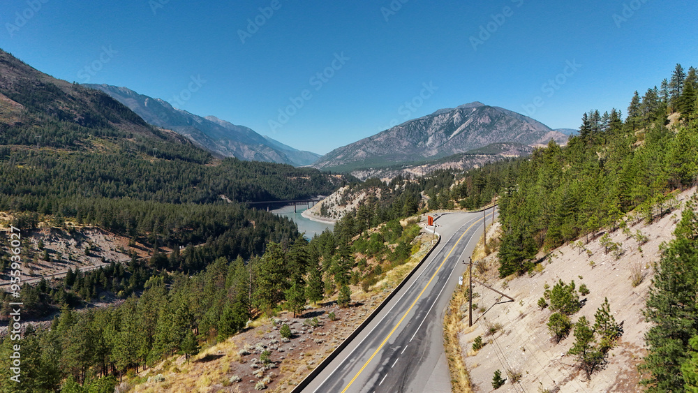 Fototapeta premium Aerial view of Highway 1 next to Fraser Canyon close to Lytton during a summer season in British Columbia, Canada