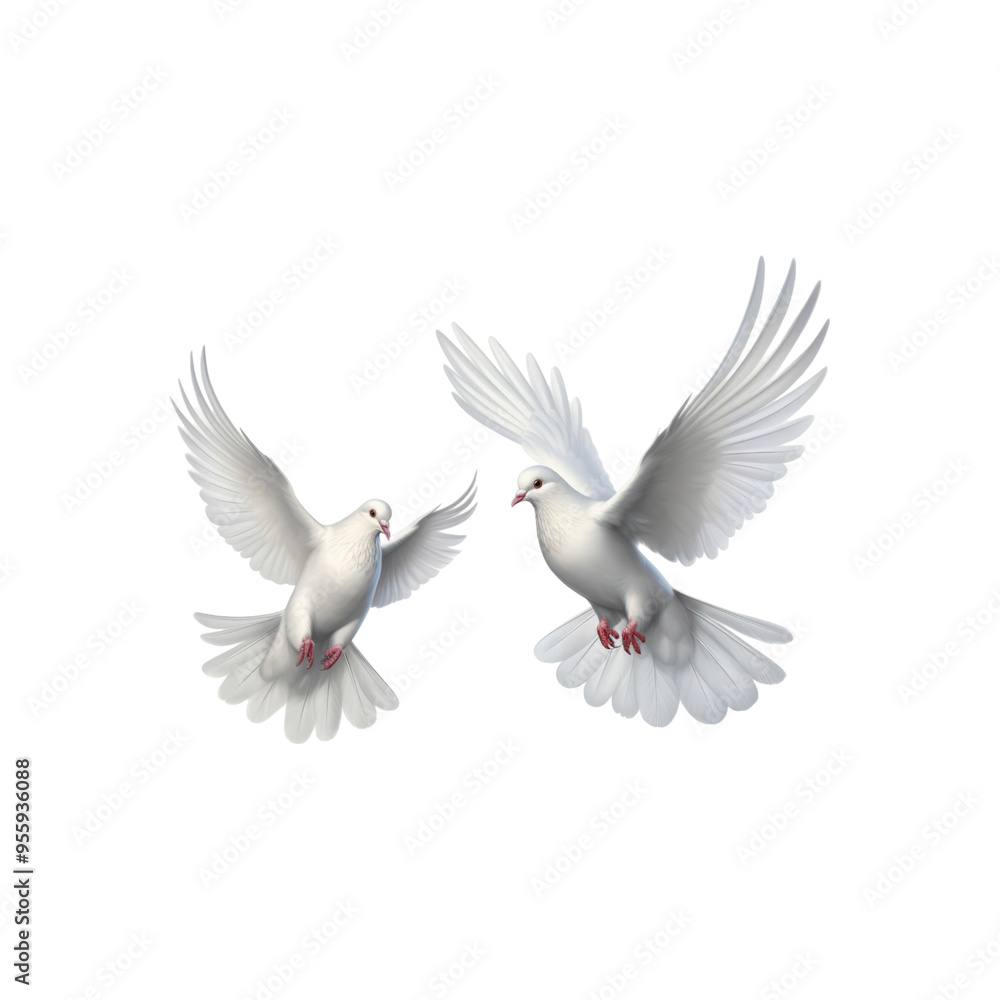 Obraz premium Two white doves are in flight, symbolizing peace and freedom. Great for logos, backgrounds, or designs promoting peace and unity