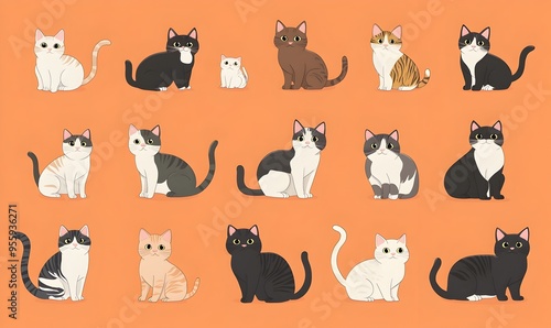 Colorful Cartoon Style Cats of the World   Diverse Feline Collection on Pastel Orange Background