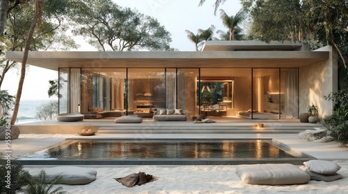 Modern beachfront home with large windows and serene surroundings.