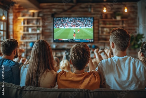 "A Group of Friends Watching a Football Game on TV and Cheering for Their Team, Viewed from Behind"