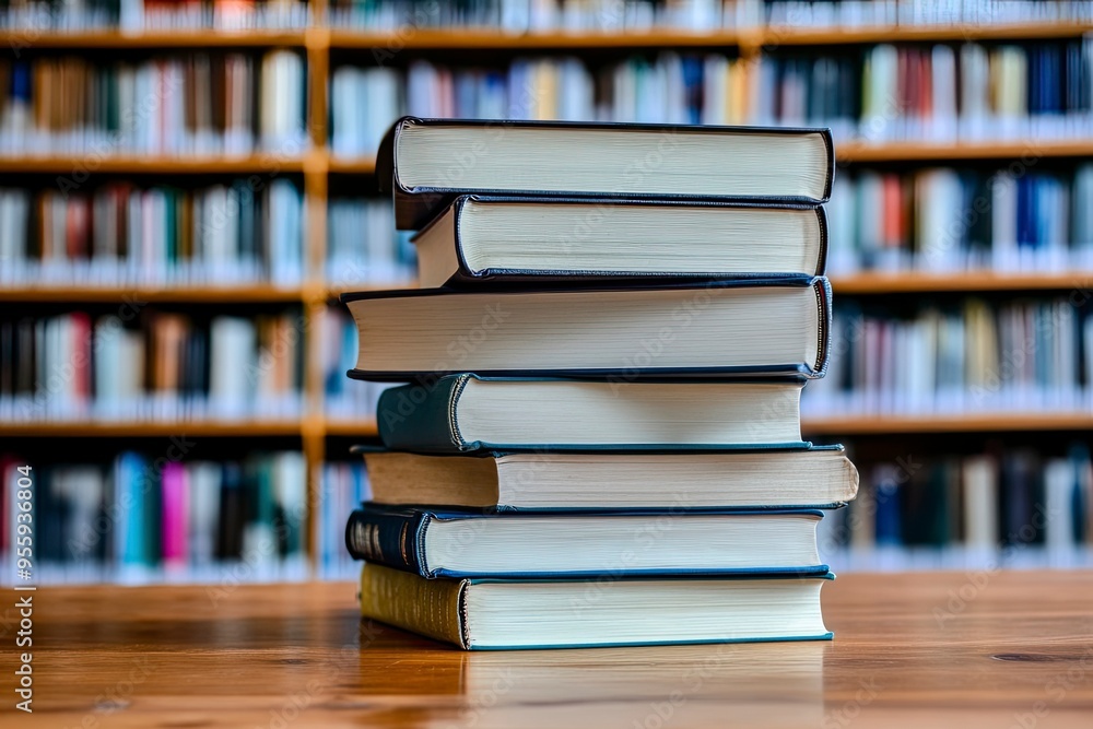 stack of books against the background of library, stack of books in front of library, books on wooden table , ai stack of books against the background of library, stack of books in front of library, books on wooden table , ai