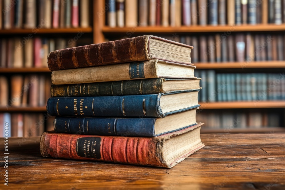 stack of books against the background of library, stack of books in front of library, books on wooden table , ai stack of books against the background of library, stack of books in front of library, books on wooden table , ai