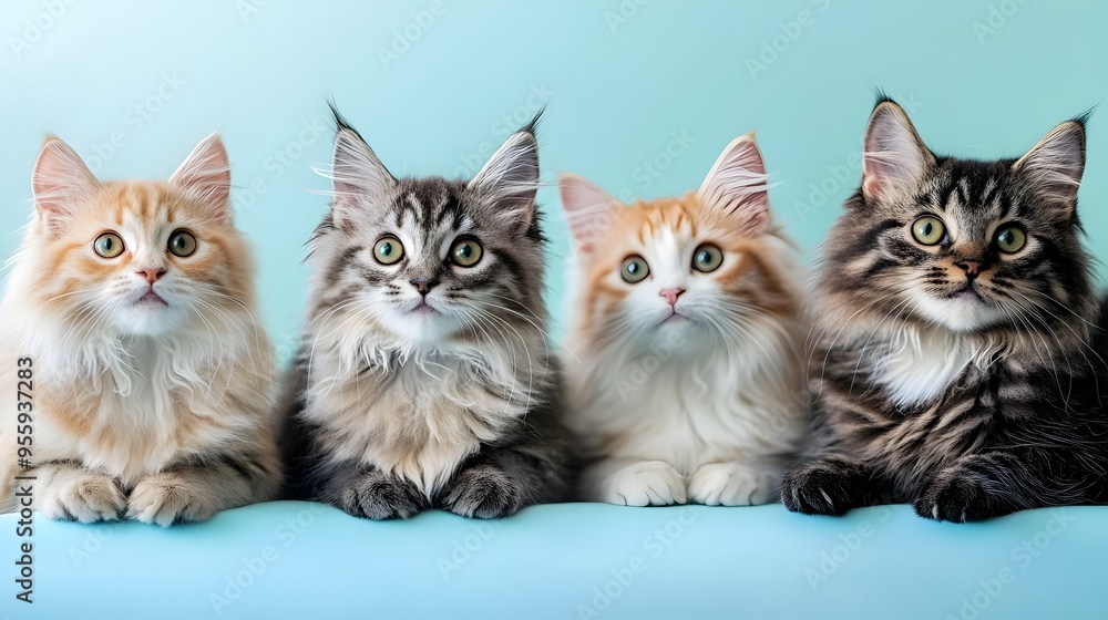 Feline Fusion A Captivating Quartet of Cuddly Cats on a Tender Periwinkle Backdrop Feline Fusion A Captivating Quartet of Cuddly Cats on a Tender Periwinkle Backdrop