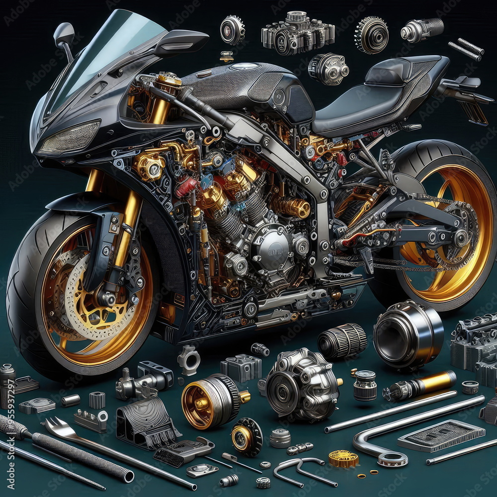 3D Illustration of the motorcycle is cut open to show the spare parts, background, banner, card, poster, template, elegant 3D Illustration of the motorcycle is cut open to show the spare parts, background, banner, card, poster, template, elegant