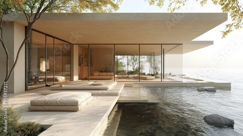 Modern architectural design with a serene waterfront view.