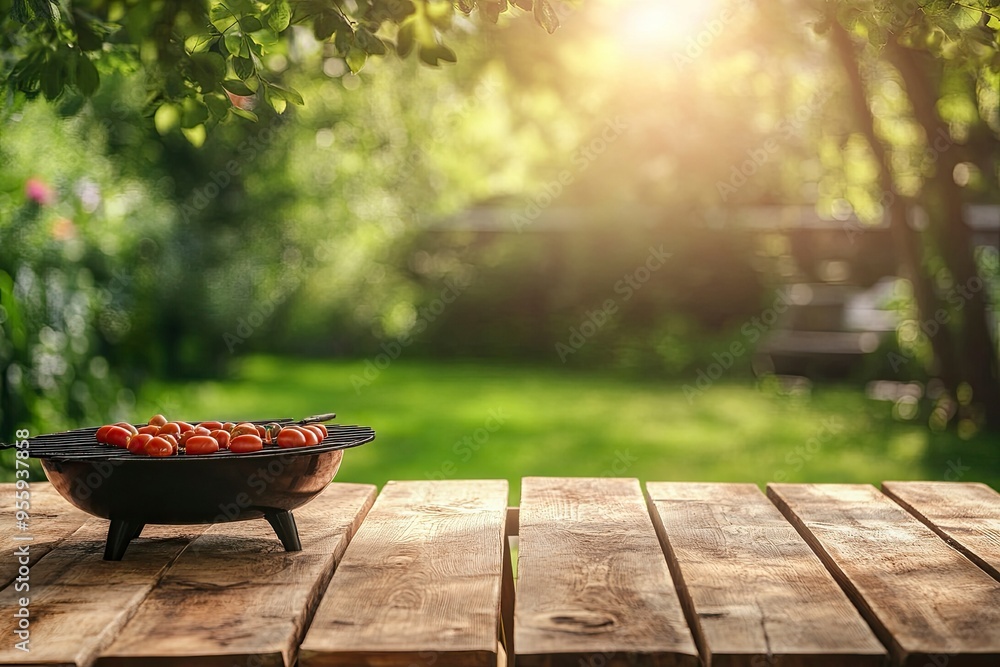 Summer time in backyard with wooden table, grill BBQ and blurred background, ai Summer time in backyard with wooden table, grill BBQ and blurred background, ai