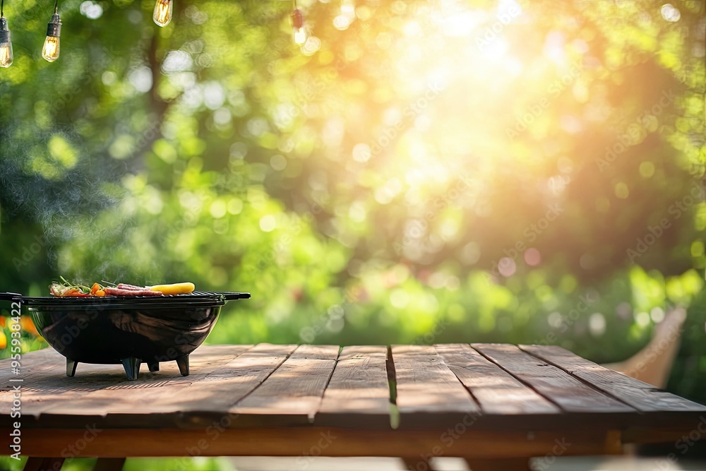 Summer time in backyard with wooden table, grill BBQ and blurred background, ai Summer time in backyard with wooden table, grill BBQ and blurred background, ai
