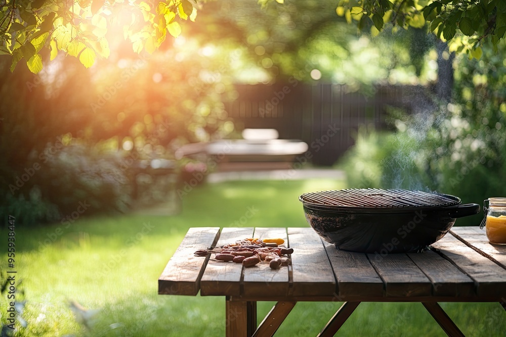 Summer time in backyard with wooden table, grill BBQ and blurred background, ai Summer time in backyard with wooden table, grill BBQ and blurred background, ai