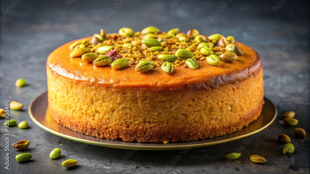 Revani sponge cake with syrup and pistachios on top, Revani, semolina, sponge cake, syrup, sweet, dessert, Turkish Revani sponge cake with syrup and pistachios on top, Revani, semolina, sponge cake, syrup, sweet, dessert, Turkish