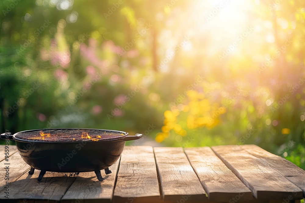 Summer time in backyard with wooden table, grill BBQ and blurred background, ai Summer time in backyard with wooden table, grill BBQ and blurred background, ai