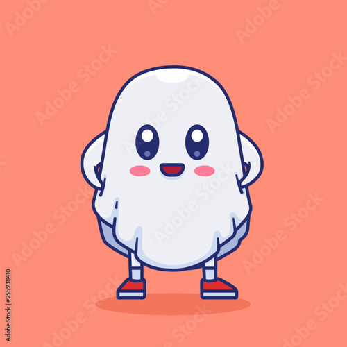 Vector Illustration of Cartoon Ghost Showing His Shoes. photo