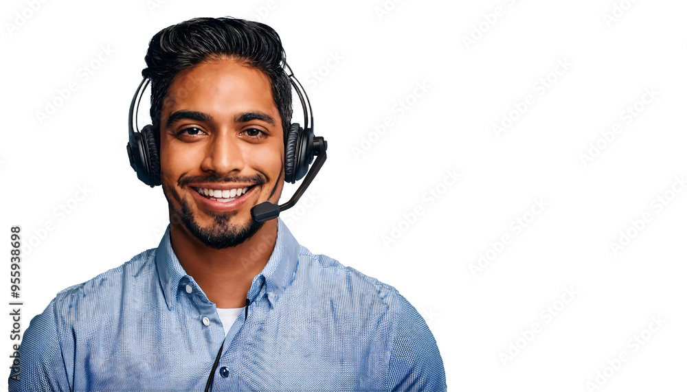 Male smiling customer service representative on the left with room for copy on a transparent background Male smiling customer service representative on the left with room for copy on a transparent background