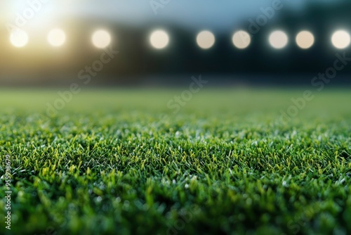 Football stadium with green grass with bokeh effect and spotlights , ai