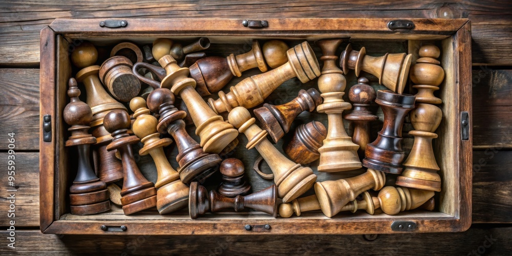 Old wooden box filled with antique chess pieces, vintage, chess, game, strategy, retro, board, old, pieces, collectible Old wooden box filled with antique chess pieces, vintage, chess, game, strategy, retro, board, old, pieces, collectible