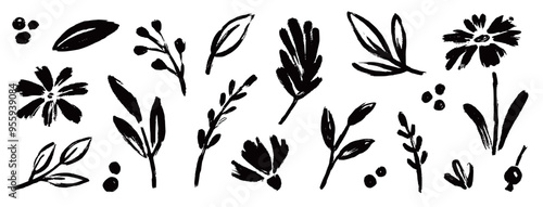 Flower abstract hand drawn brush ink stroke. Sketch hand drawn silhouette floral plant, nature graphic leaf, floral grunge abstract brush. Vector simple flower, leaf ink stroke. Vector illustration