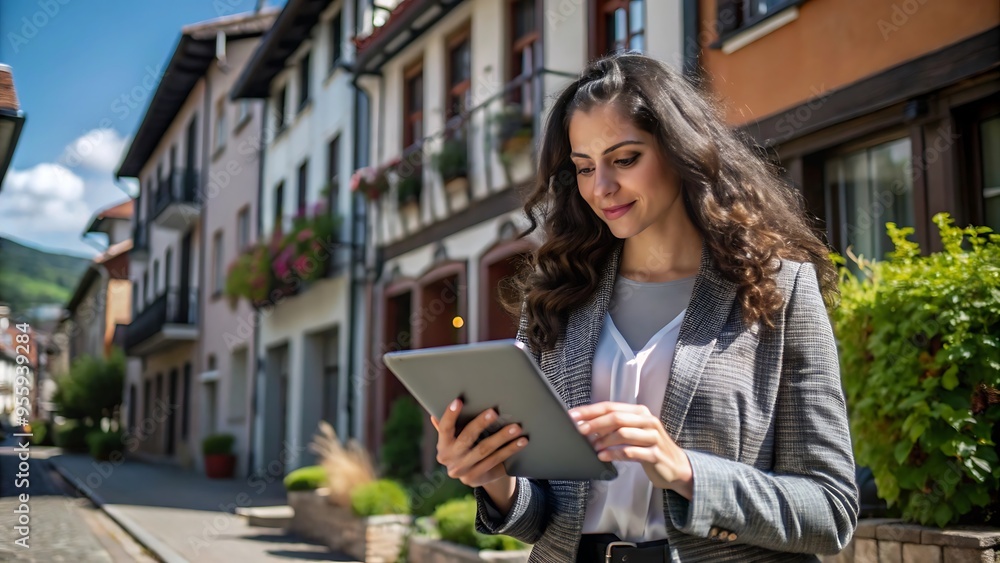 Woman using tablet in a European city. Woman using tablet in a European city.
