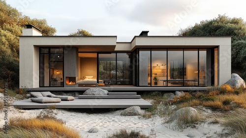 Modern beach house with large windows and natural surroundings.