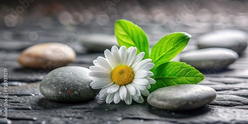 Daisy with pebble stones and green leaves, spa and wellness concept, spa, wellness, relaxation, flowers, natural, beauty