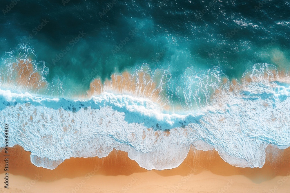 Fototapeta premium Summer seascape beautiful waves, blue sea water in sunny day. Top view from drone. Sea aerial surf, amazing tropical nature background. Mediterranean bright sea bay, waves splashing beach sandy , ai