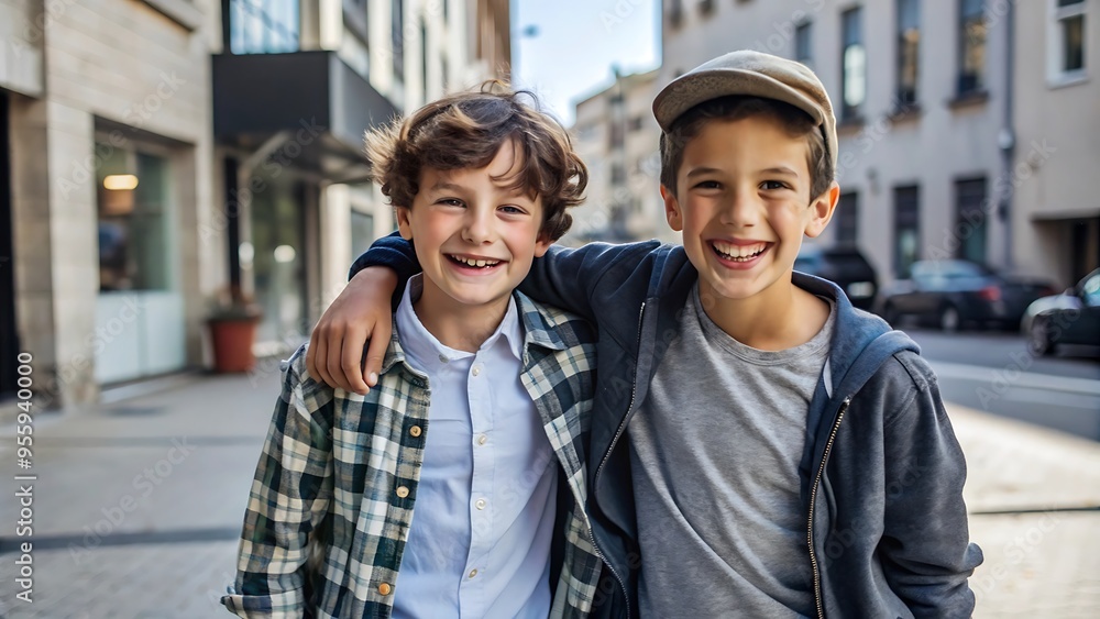 Fototapeta premium Two Happy Boys Friends Hugging in the City.