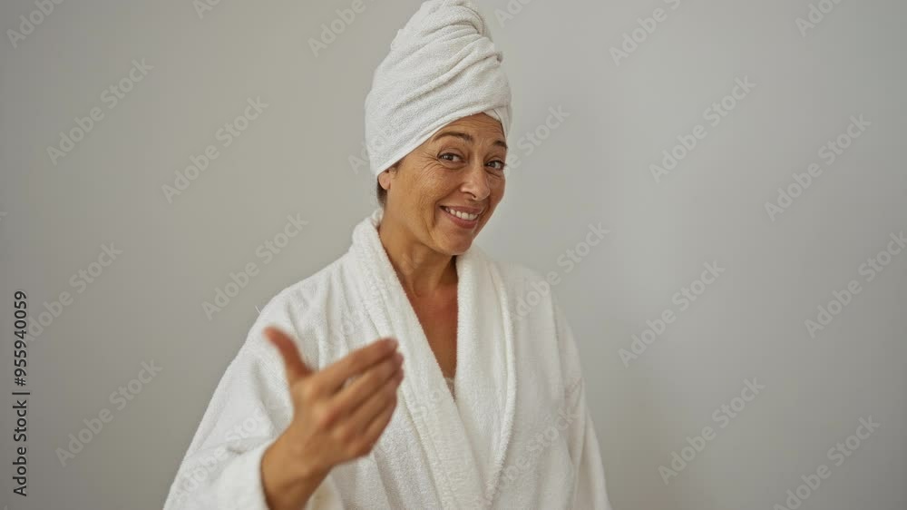 Woman in middle age wearing towel and bathrobe beckoning come here gesture with hand inviting and happy over isolated white background Woman in middle age wearing towel and bathrobe beckoning come here gesture with hand inviting and happy over isolated white background
