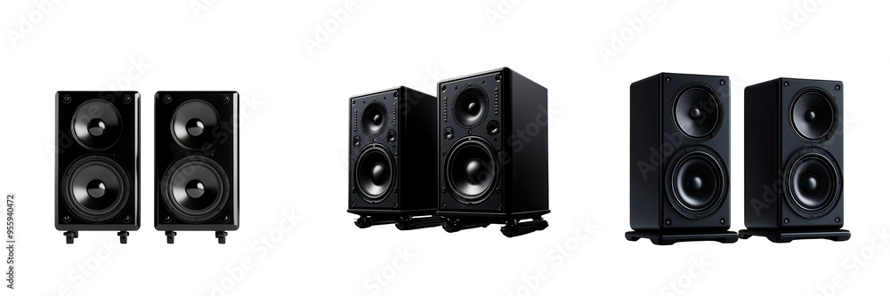 A stylish collection of black audio speakers showcasing modern design and powerful sound quality for music enthusiasts. isolated on a transparent background A stylish collection of black audio speakers showcasing modern design and powerful sound quality for music enthusiasts. isolated on a transparent background