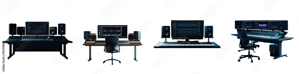 Fototapeta premium Four modern audio mixing desks with advanced equipment for music production, featuring sleek designs and digital interfaces. isolated on a transparent background