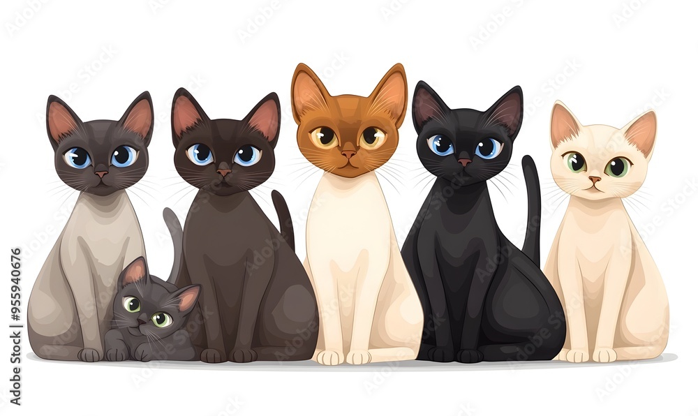 Obraz premium Cartoon Style Siamese Cats in a Playful Group Portrait