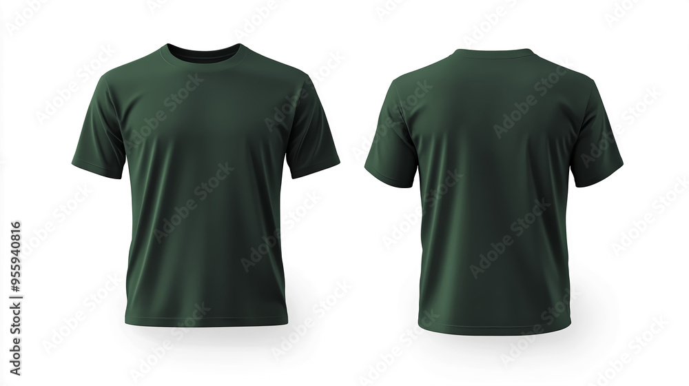 Plain dark green t-shirt presented with front and back views together in one image. Plain dark green t-shirt presented with front and back views together in one image.