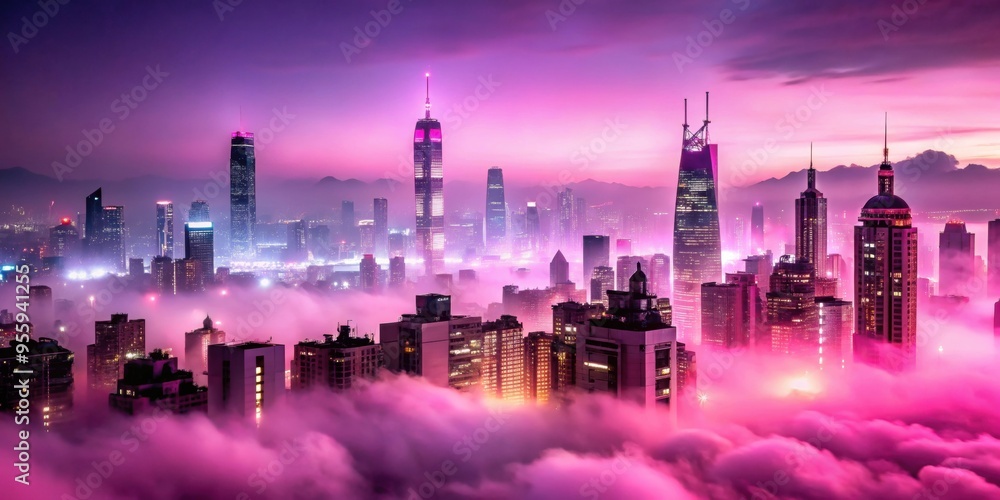 Cityscape at night with pink fog, city, urban, night, skyline, buildings, lights, pink, fog, mist, atmosphere, mysterious Cityscape at night with pink fog, city, urban, night, skyline, buildings, lights, pink, fog, mist, atmosphere, mysterious