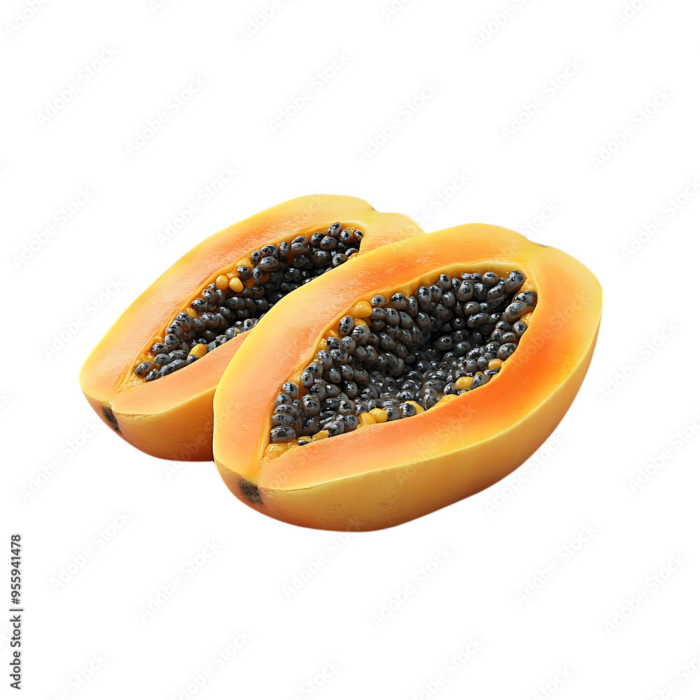 Ripe Papaya Halves Displaying Seeds on Transparent Background Ripe Papaya Halves Displaying Seeds on Transparent Background