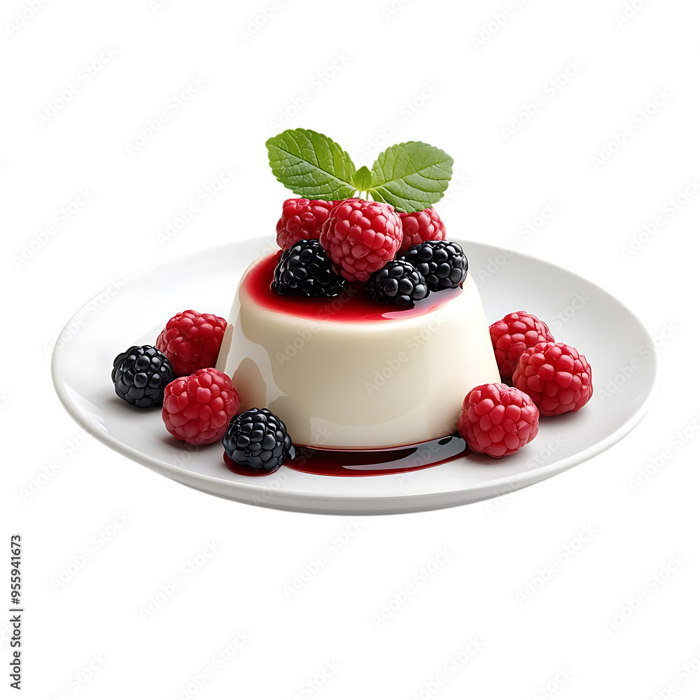 Delicious Creamy Panna Cotta Topped with Fresh Raspberries and Blackberries, a Sweet Treat with a Transparent Background Delicious Creamy Panna Cotta Topped with Fresh Raspberries and Blackberries, a Sweet Treat with a Transparent Background