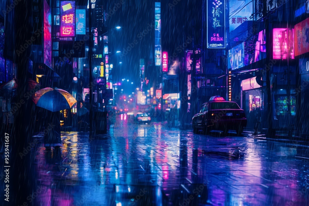 Rainy city night with blurred traffic lights and a tranquil, cozy ambiance. Cozy vibe, Generative AI Rainy city night with blurred traffic lights and a tranquil, cozy ambiance. Cozy vibe, Generative AI